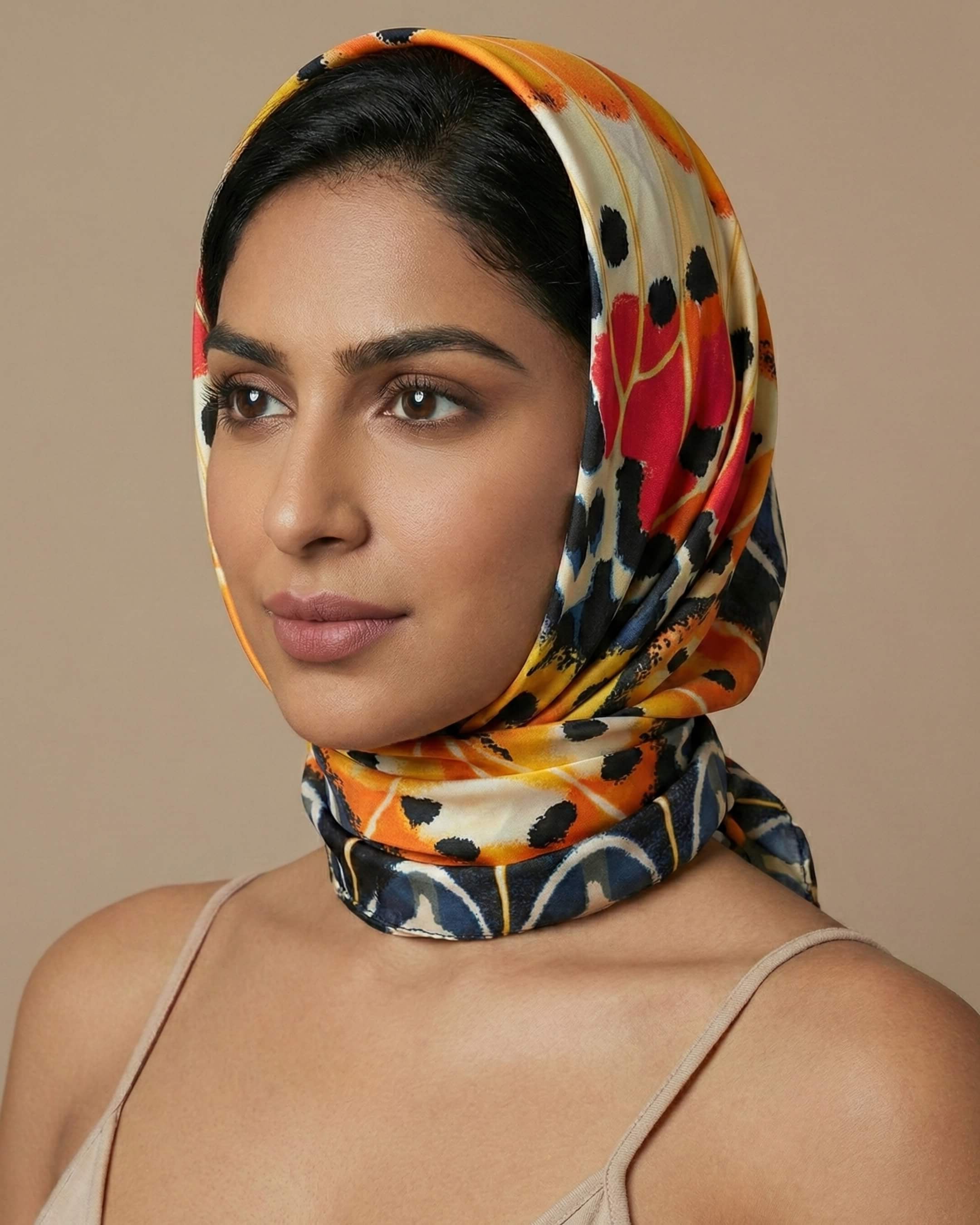 Woman wearing a colorful floral headscarf against a beige background